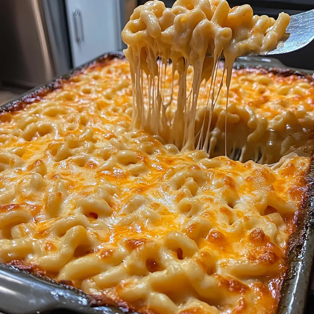 A spoon is in a pan of macaroni and cheese.