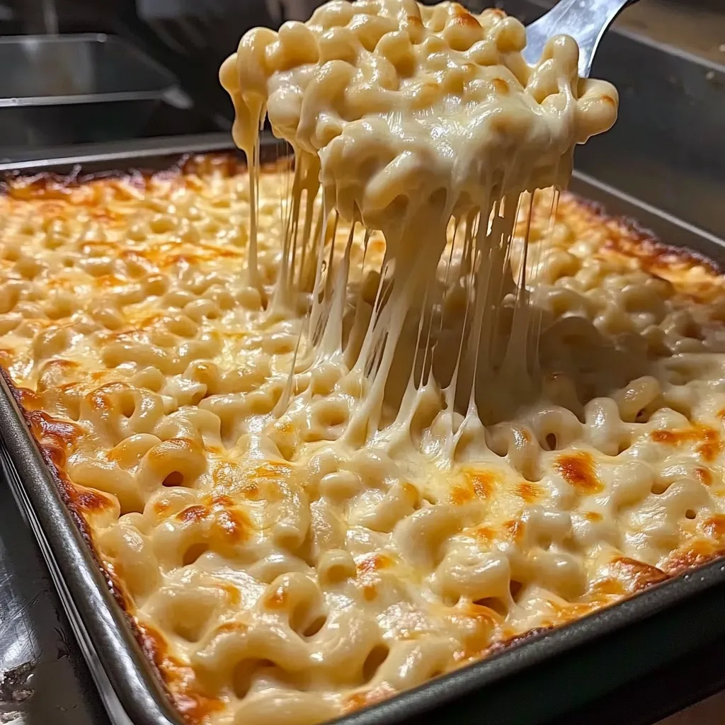 A fork is in a pan of macaroni and cheese.