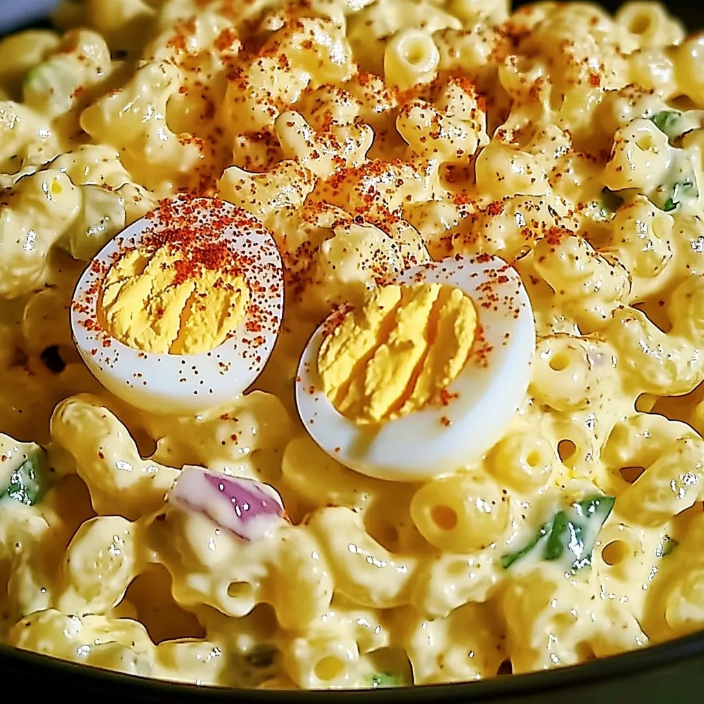 A bowl of macaroni and cheese with two eggs on top.