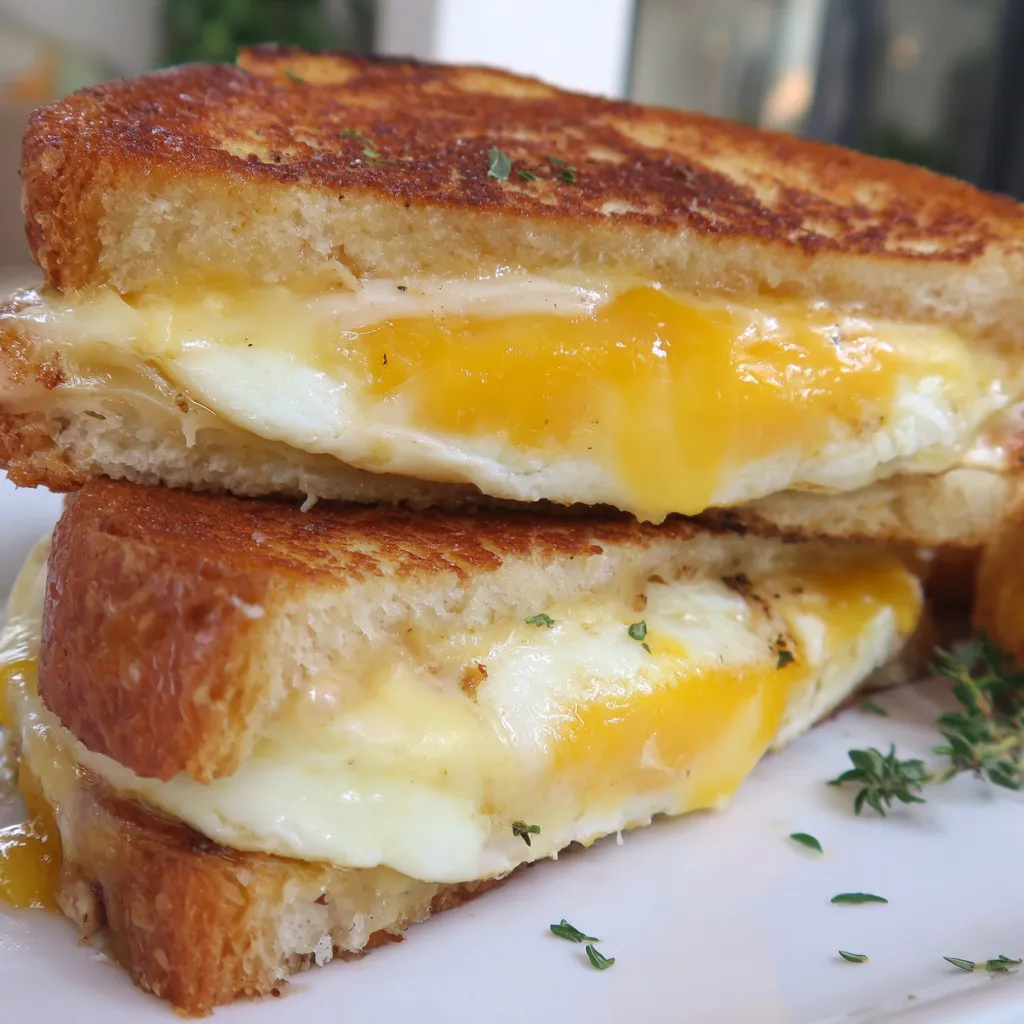 A grilled cheese sandwich with a fried egg in the middle.