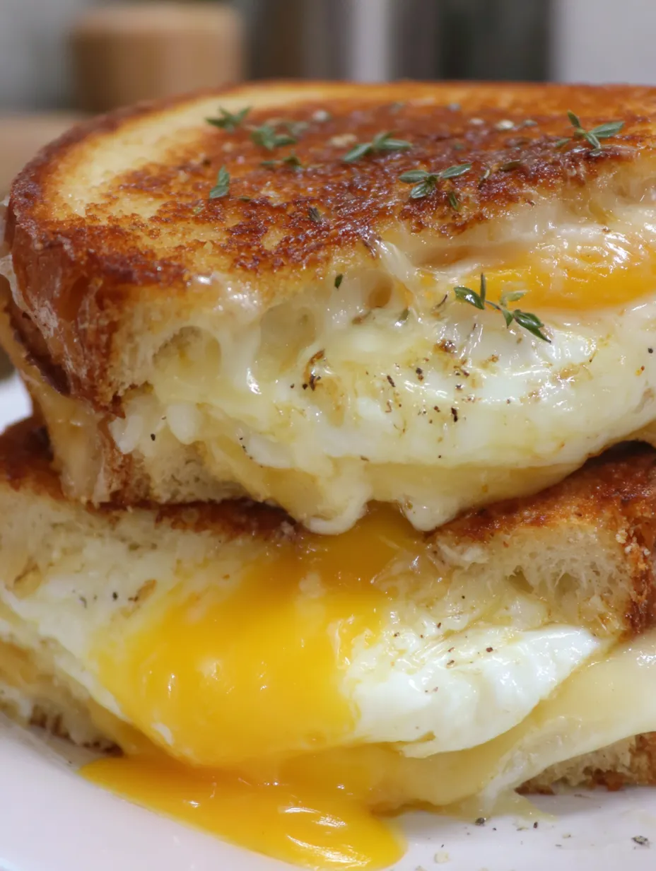 A grilled cheese sandwich with a fried egg on top.