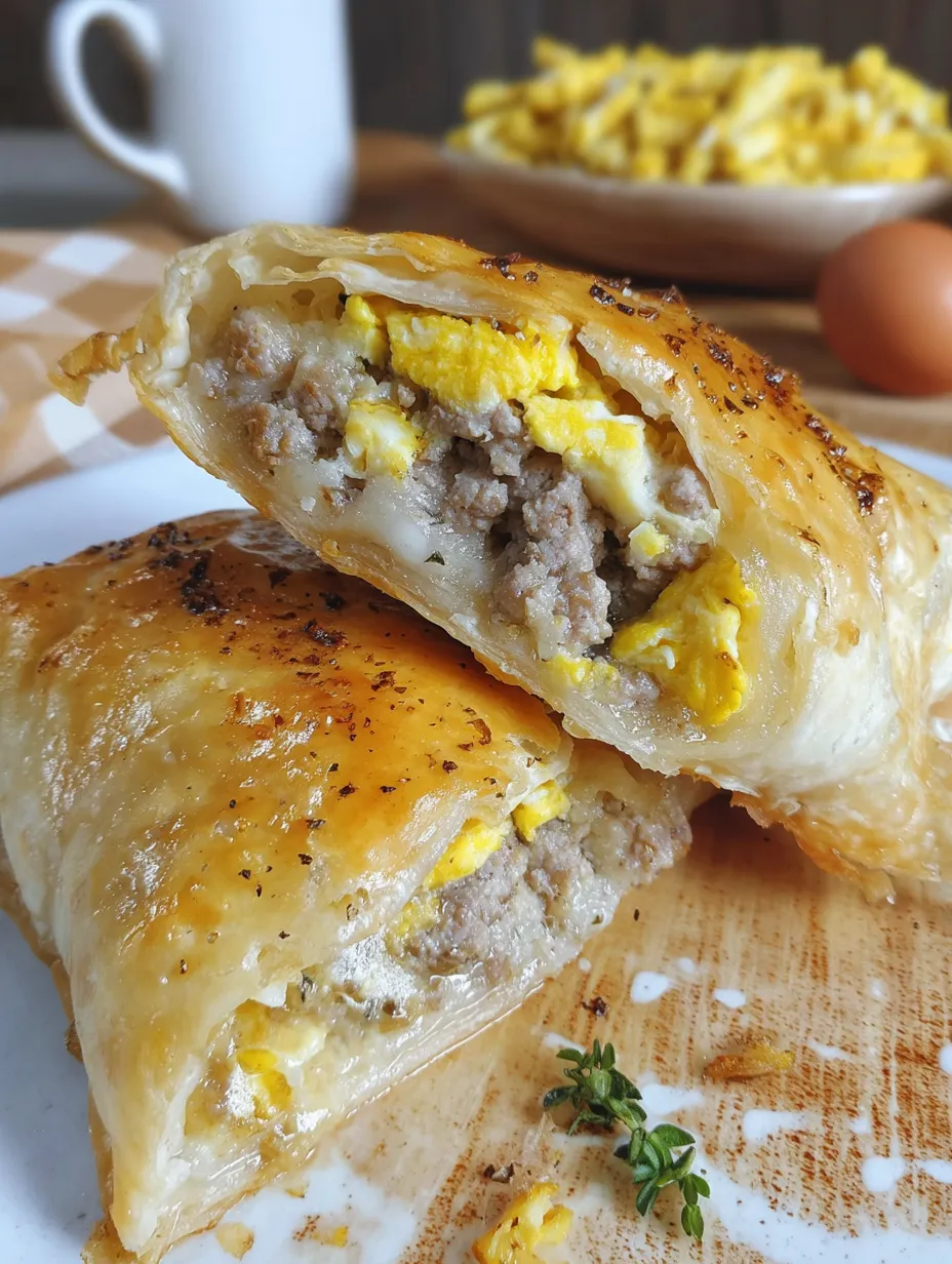 A breakfast pastry with meat and egg filling.
