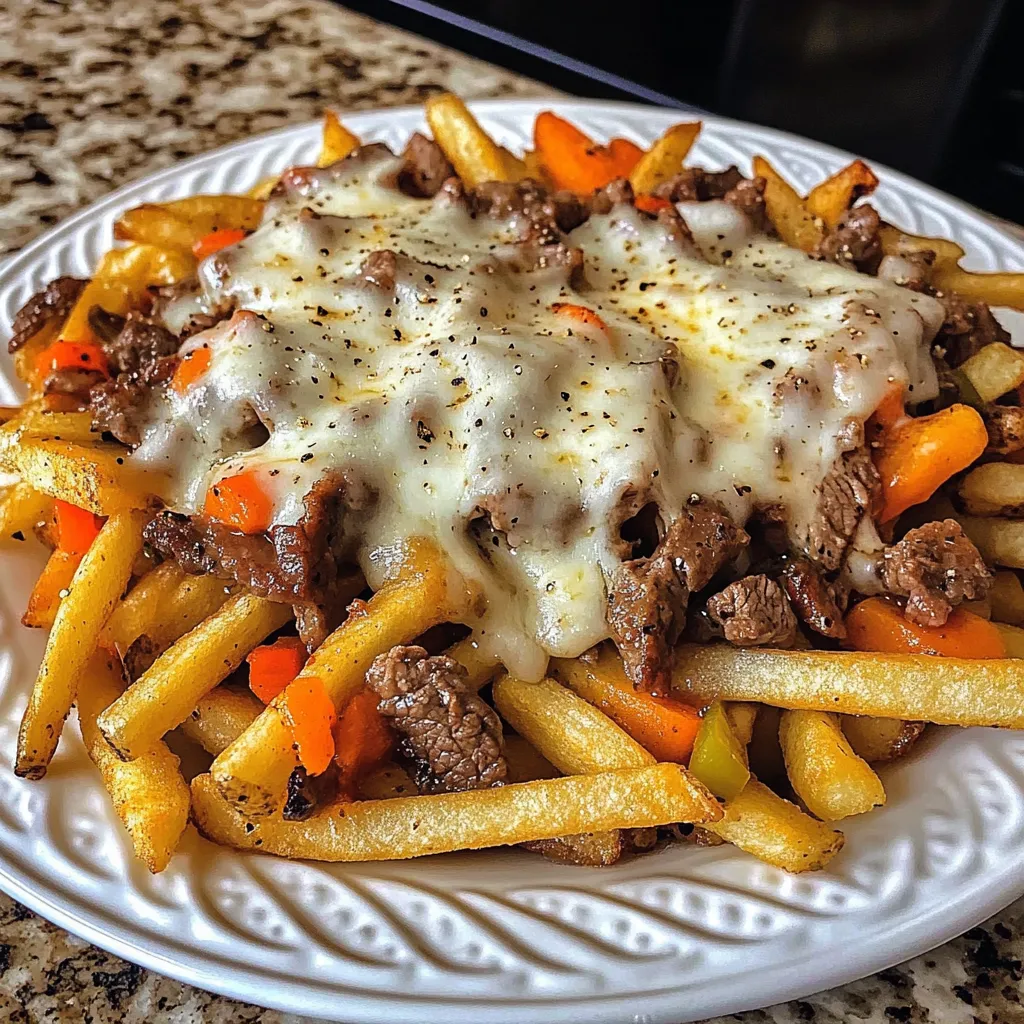 A plate of french fries with cheese and meat on top.