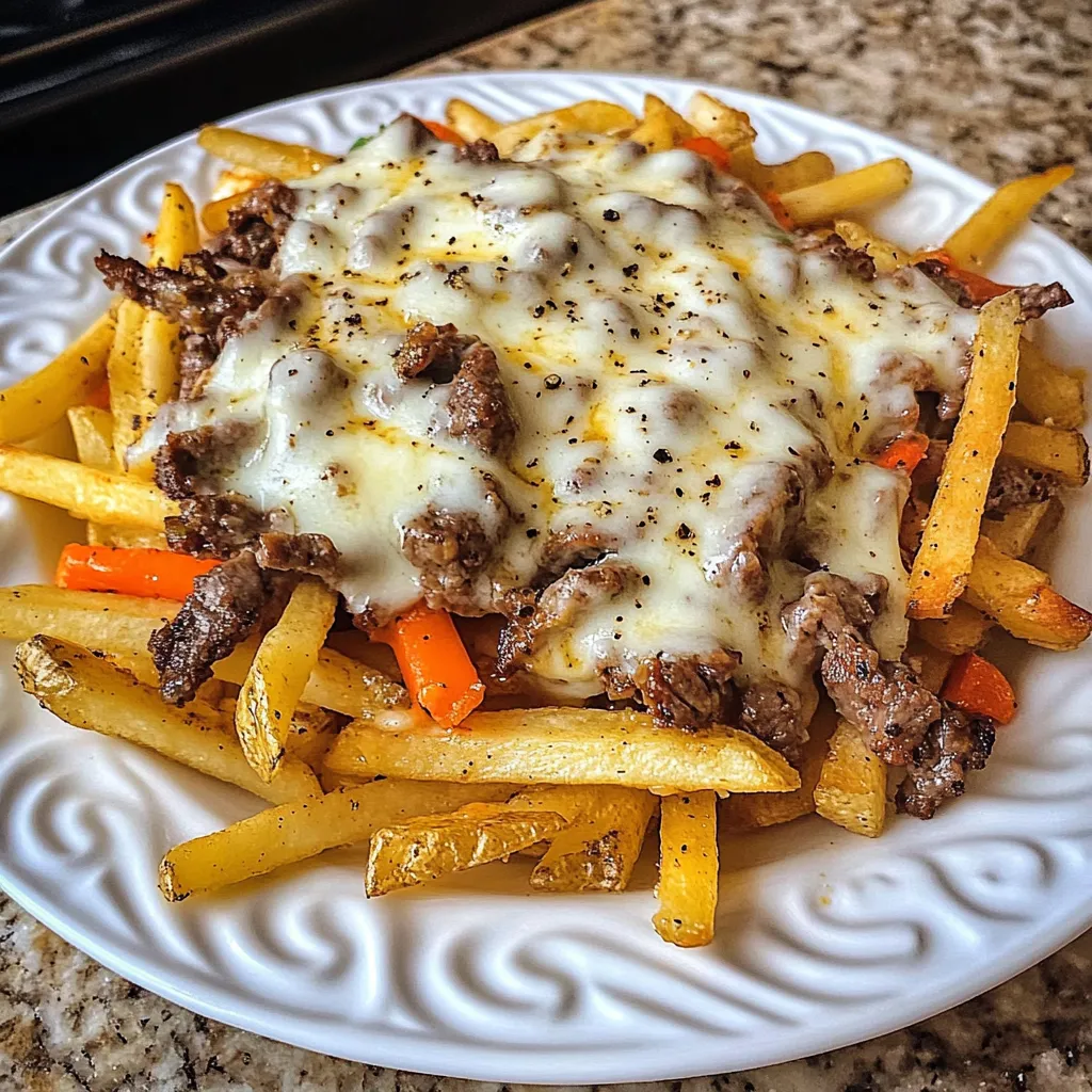A plate of french fries with cheese on top.