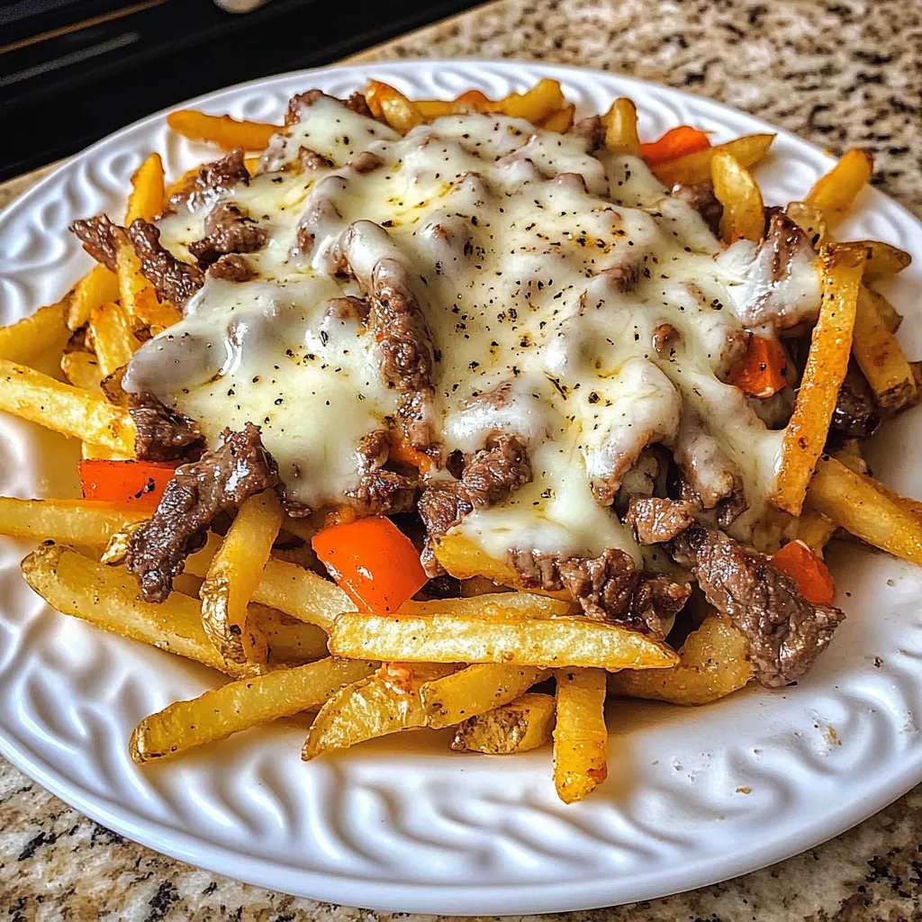 A plate of french fries with cheese on top.