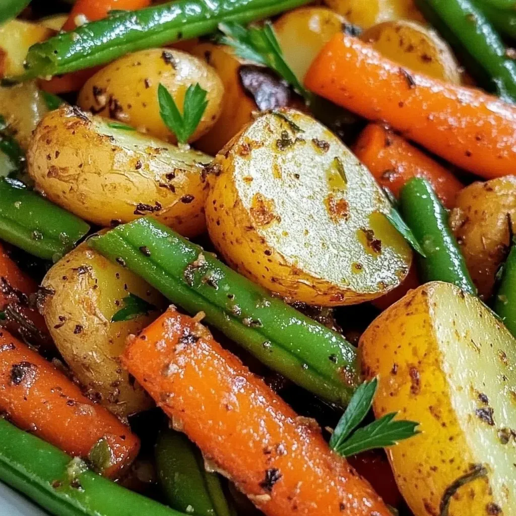 A plate of vegetables including carrots, potatoes, and green beans.