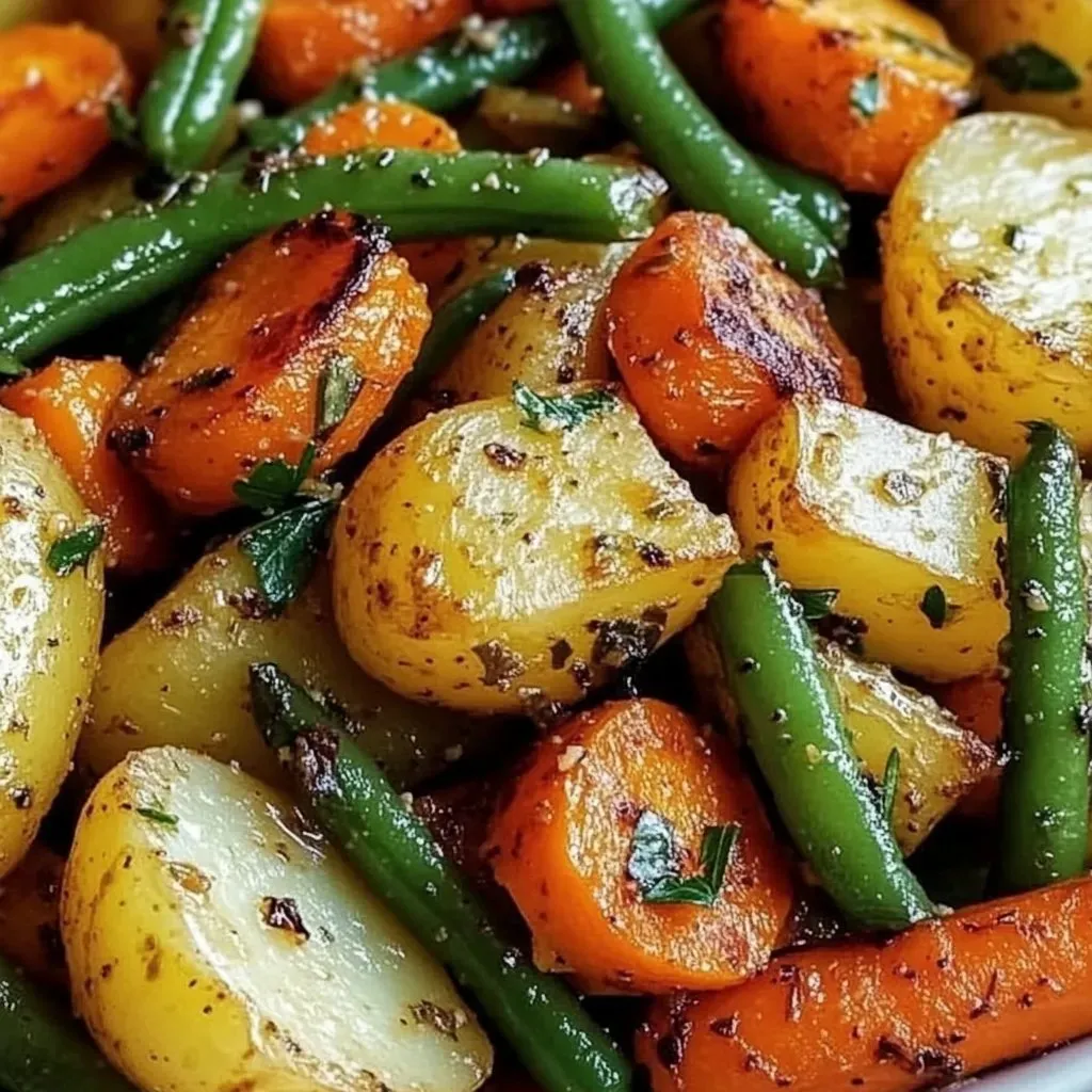 A plate of vegetables including carrots and green beans.
