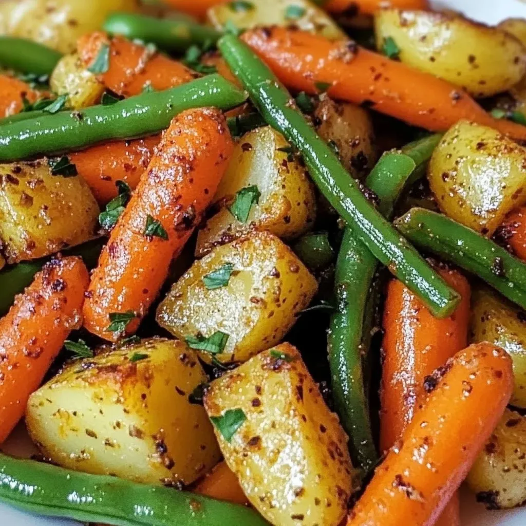 A plate of vegetables including carrots and green beans.