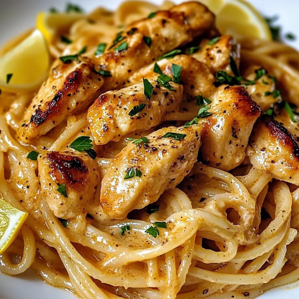 A plate of pasta with chicken and lemon.