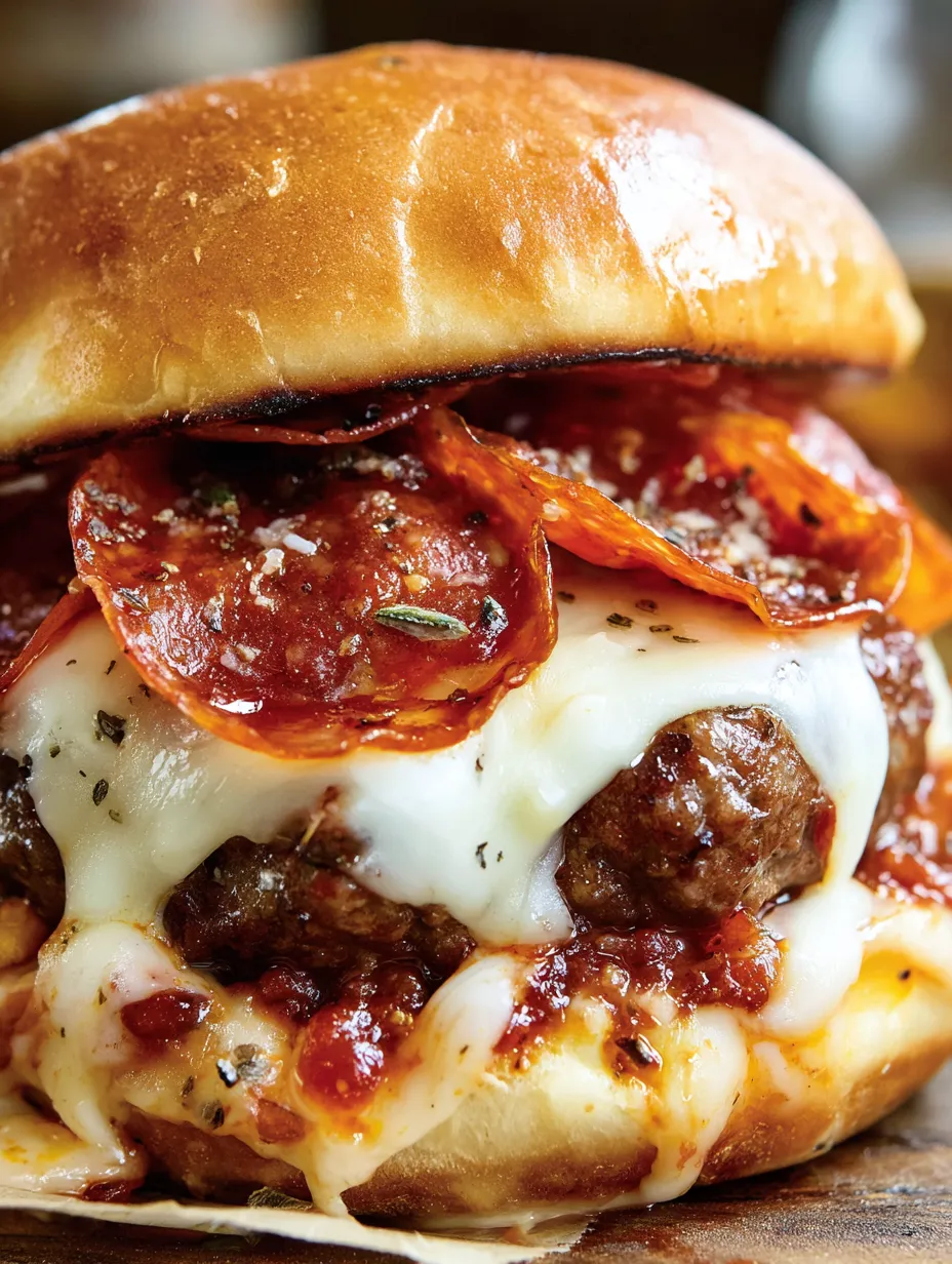 A close up of a pizza burger with cheese and pepperoni.