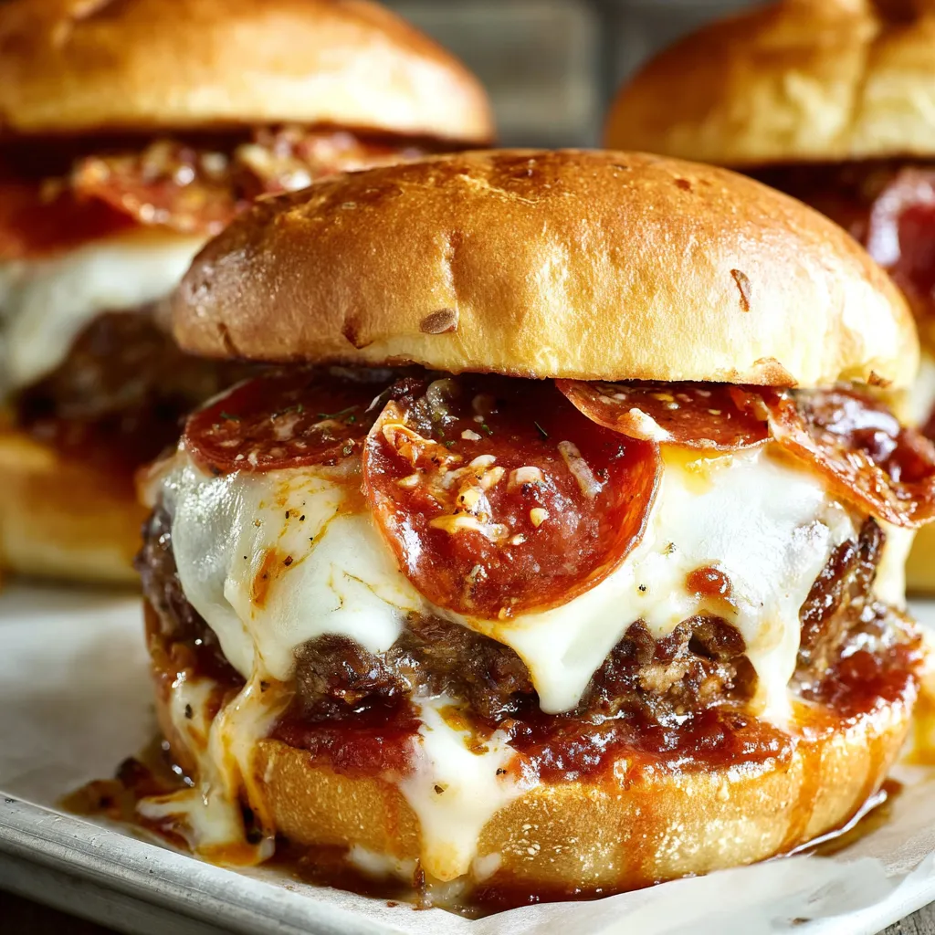 Two pizza burgers with pepperoni and cheese.