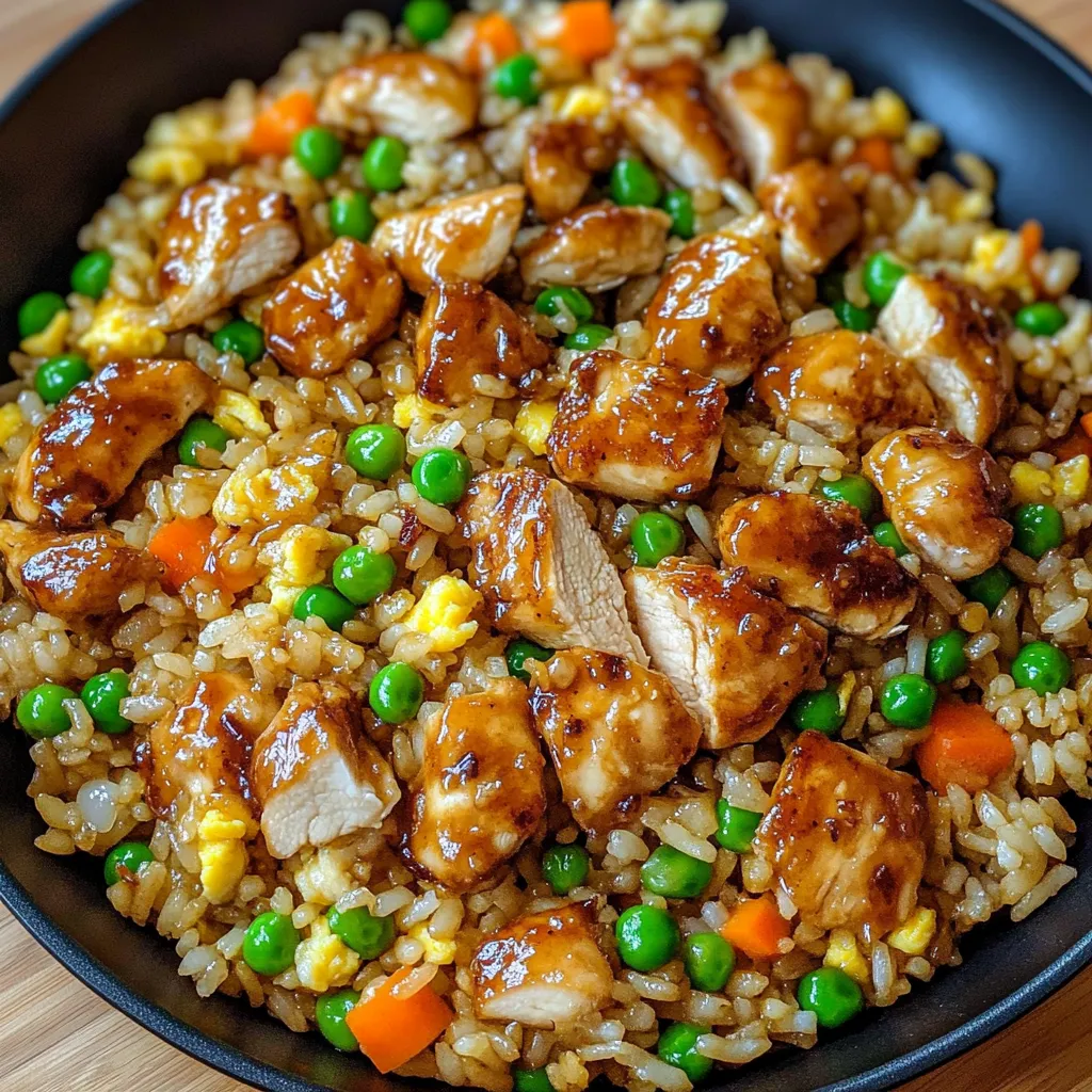 A bowl of rice with chicken and peas.