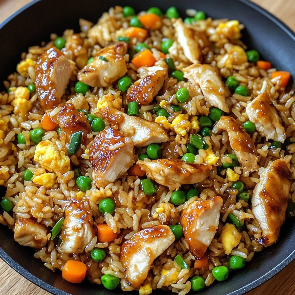 A bowl of rice with chicken and peas.