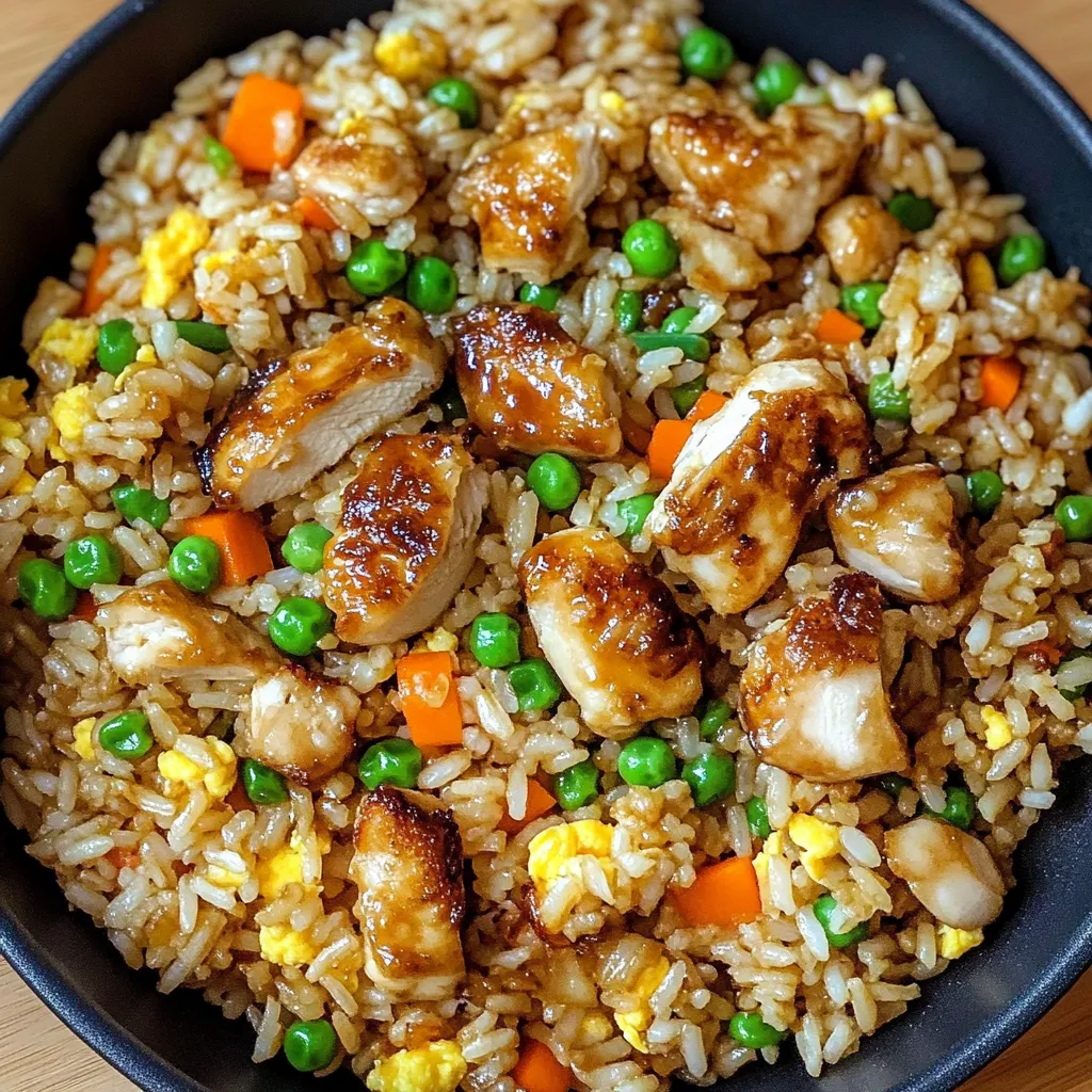 A bowl of rice with chicken and peas.