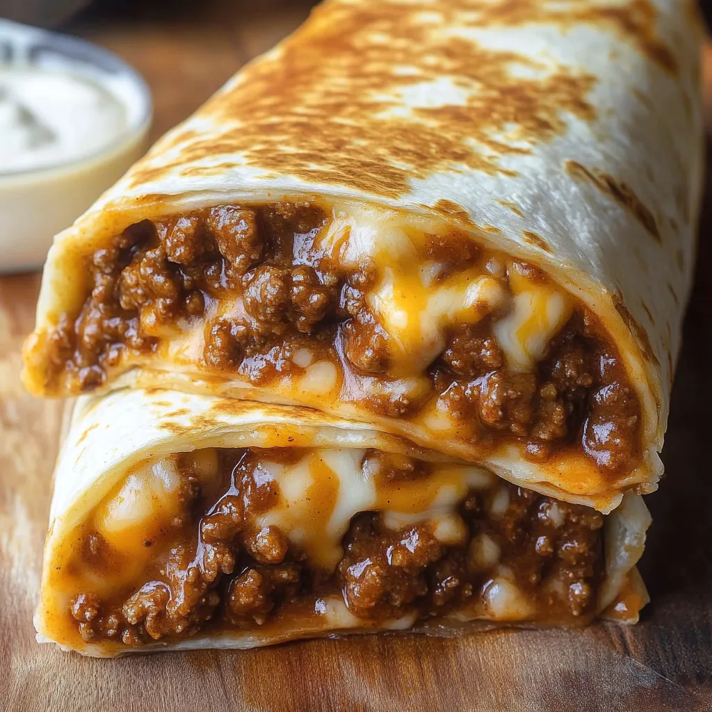 A burrito with cheese and meat on a table.