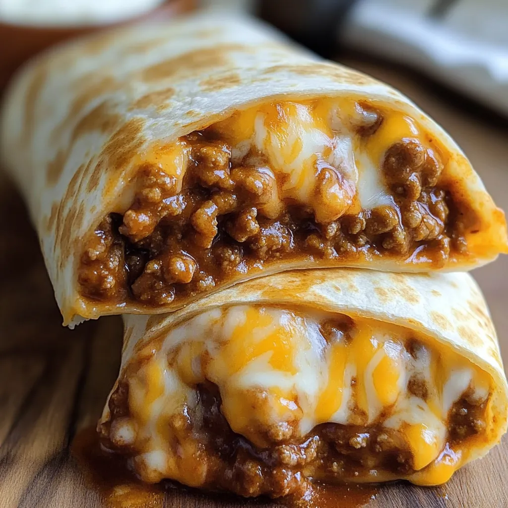 A burrito with cheese and meat on a wooden table.
