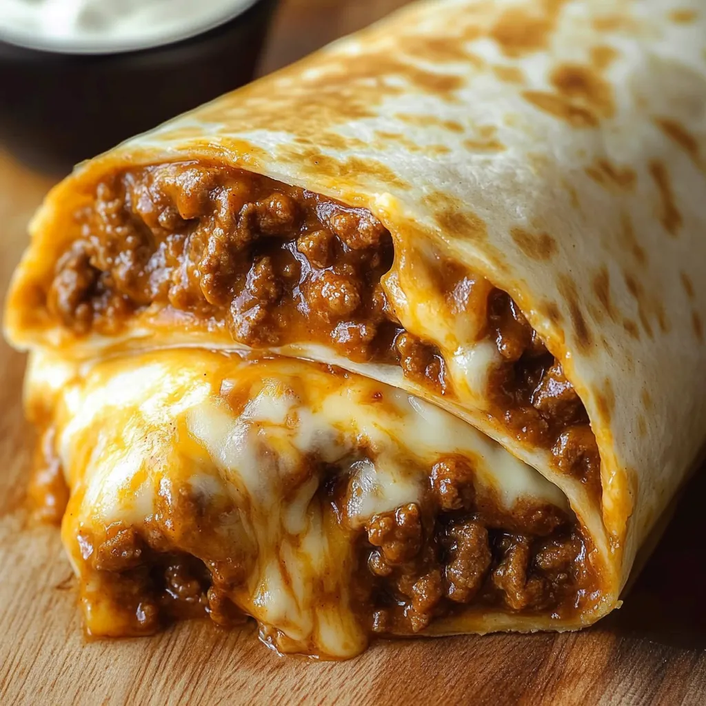A burrito with cheese and meat on a wooden table.