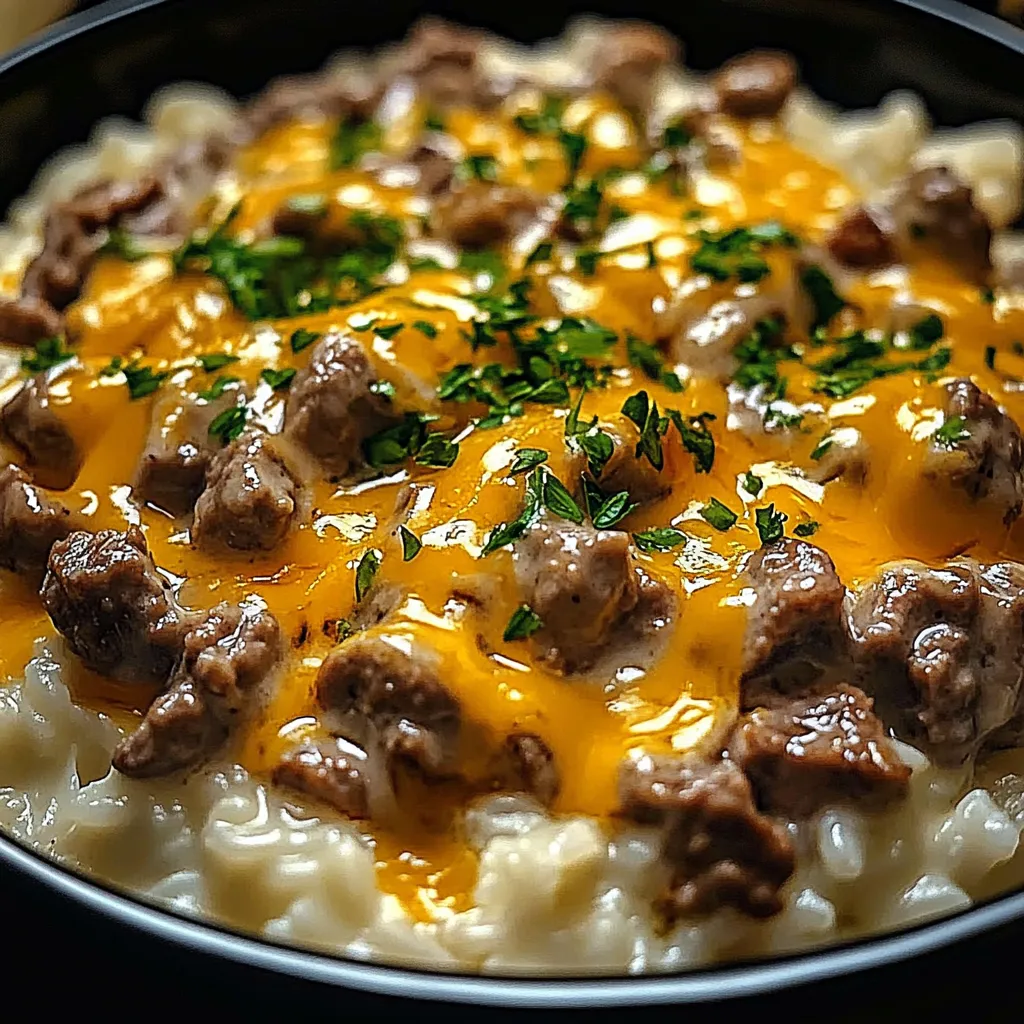 A bowl of food with meat and cheese.