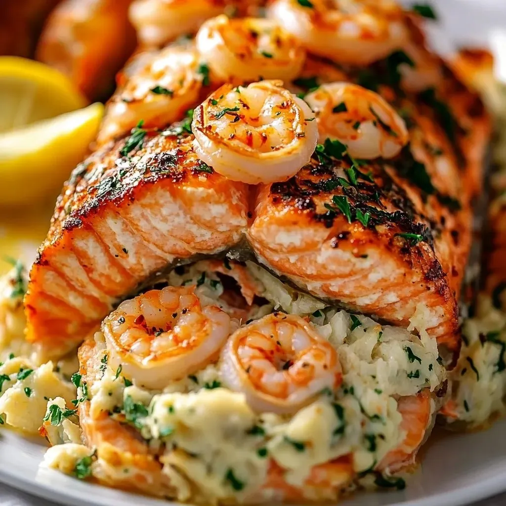 A plate of food with shrimp and lemon.