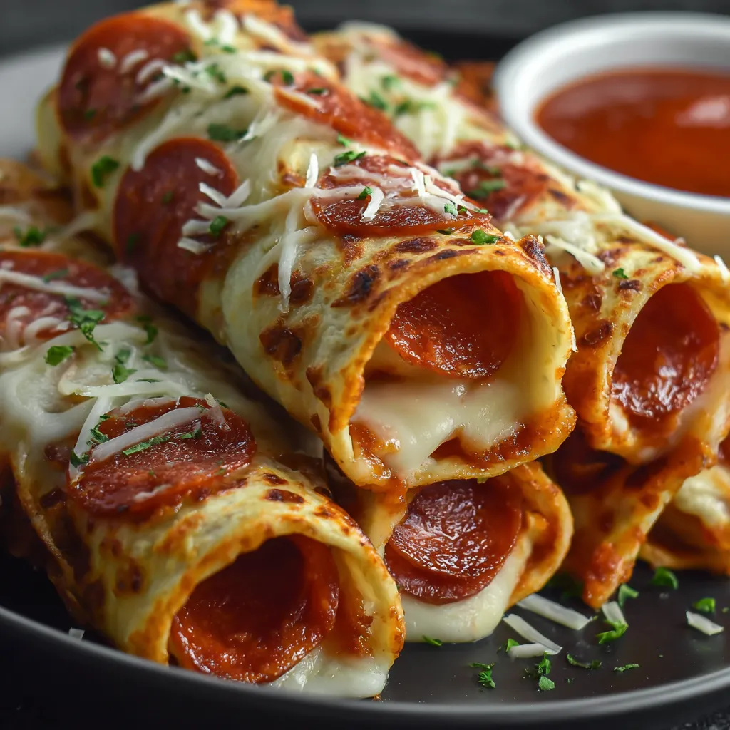 A plate of cheesy pepperoni pizza roll-ups with low-carb tortillas.