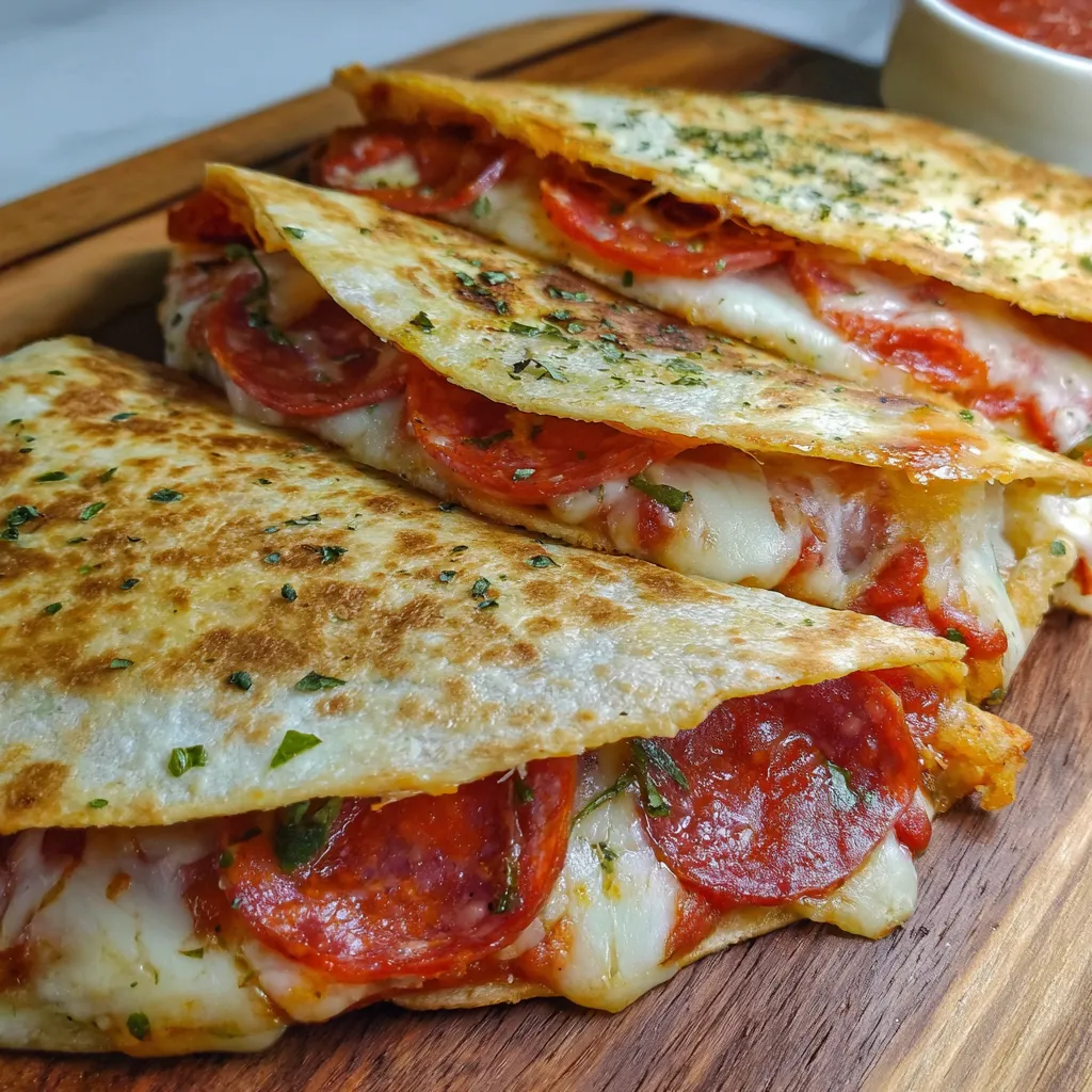 Two pizza quesadillas on a wooden cutting board.