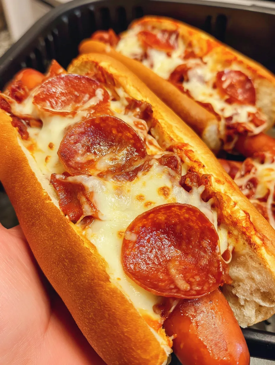 Two pizza dogs with pepperoni and cheese.