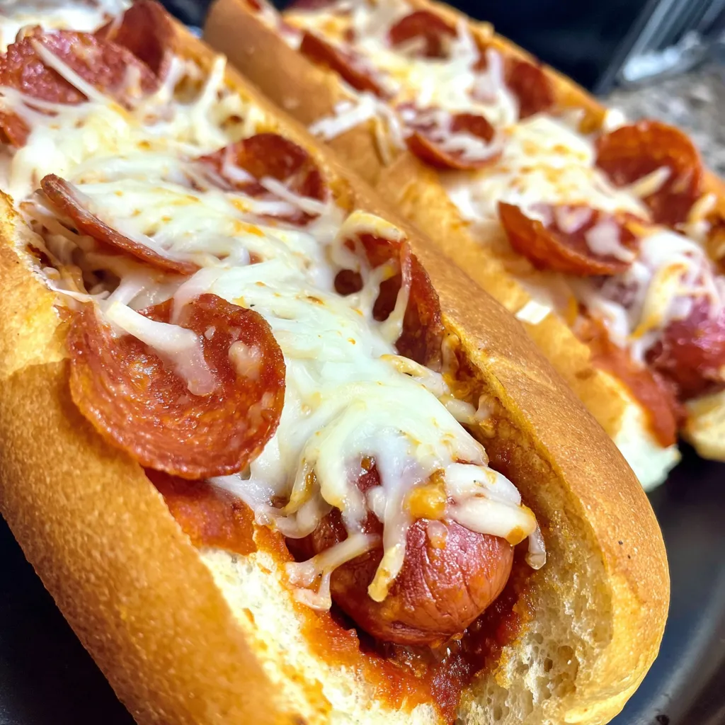 A hot dog in a bun with cheese and pepperoni.