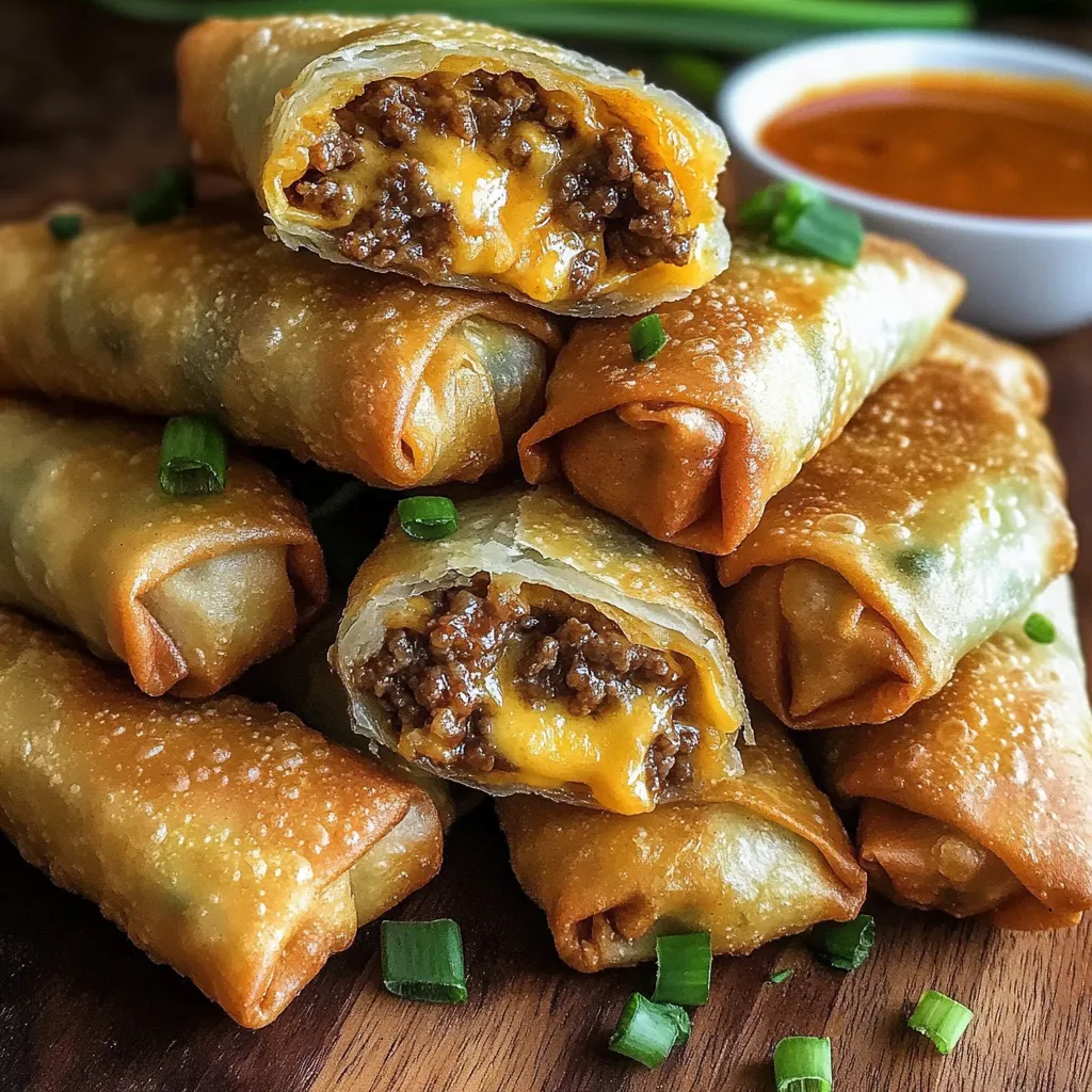 A stack of egg rolls with cheese and meat.