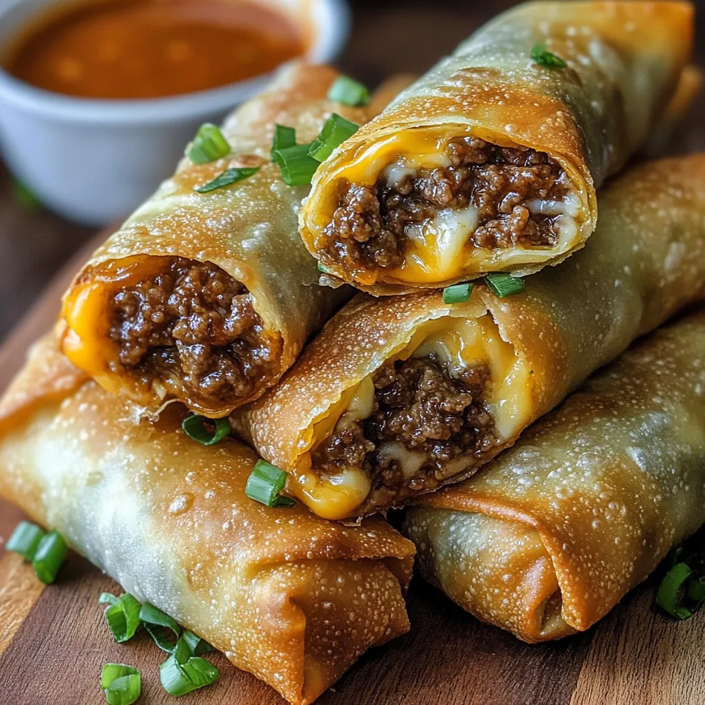 A stack of egg rolls with cheese and meat.