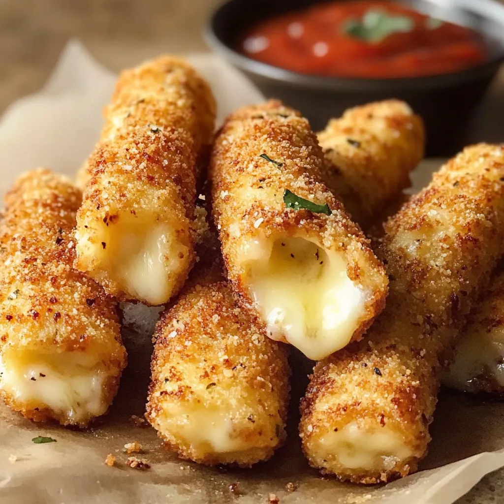 A plate of cheese sticks with a bowl of marinara sauce.
