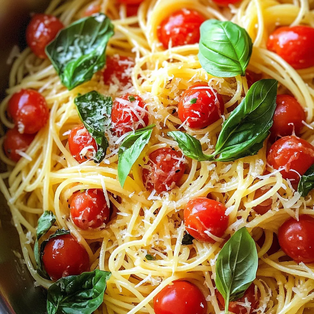 A bowl of pasta with tomatoes and basil.