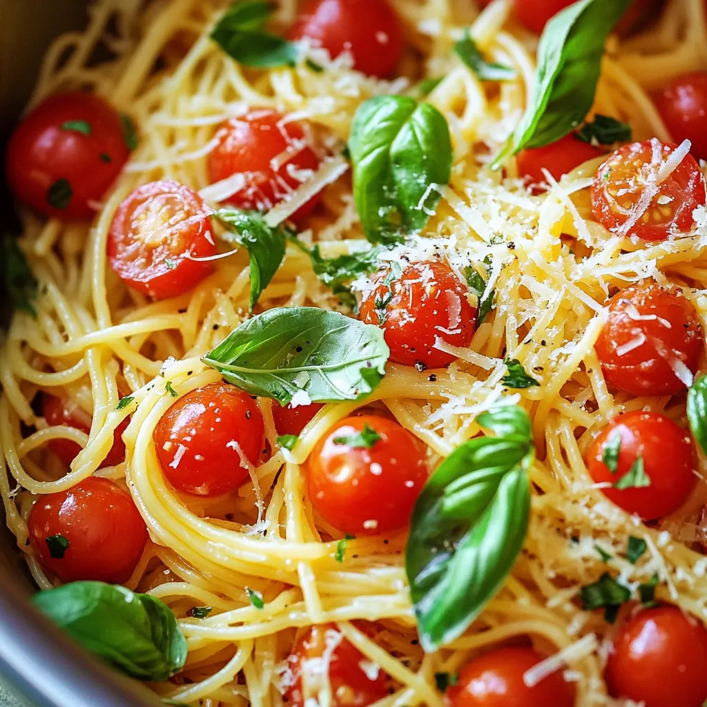 A bowl of spaghetti with tomatoes and basil.
