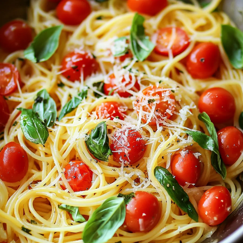 A bowl of pasta with tomatoes and basil.