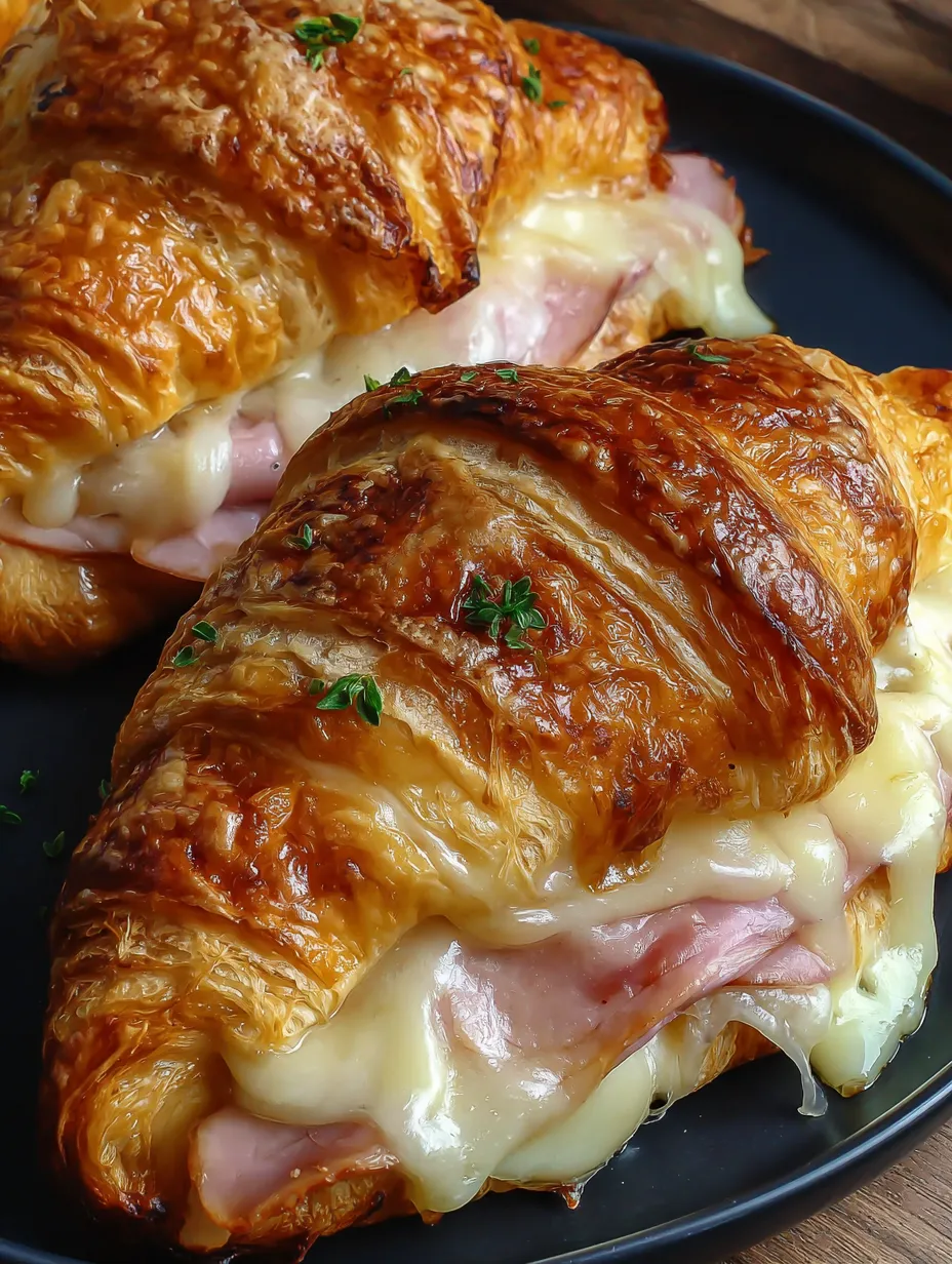 Two croissants with ham and cheese.