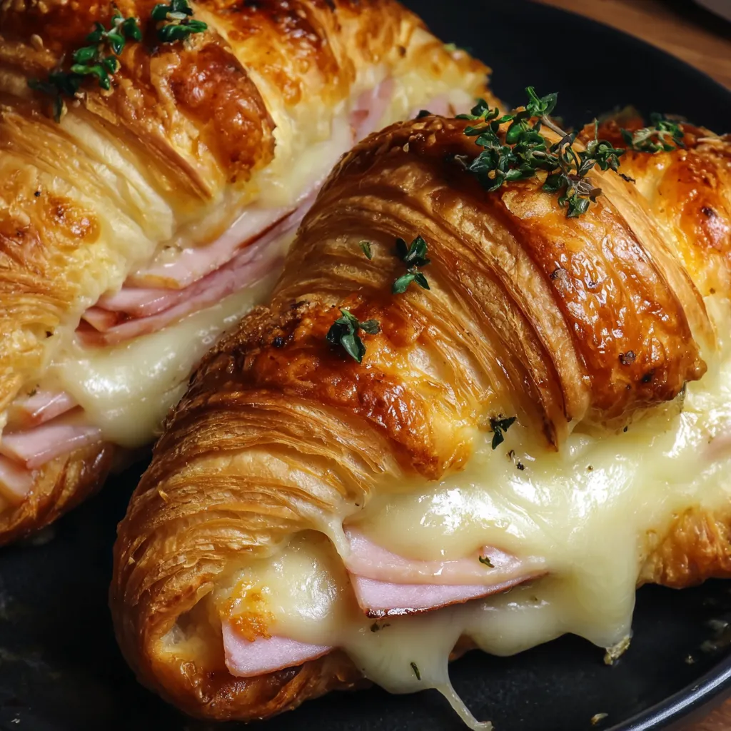Two croissants with ham and cheese on a plate.