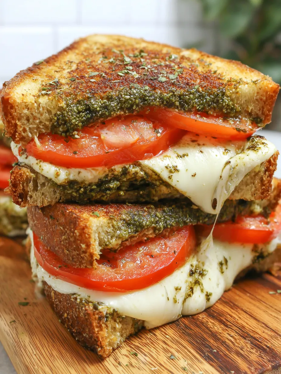 A grilled cheese sandwich with tomatoes and basil.
