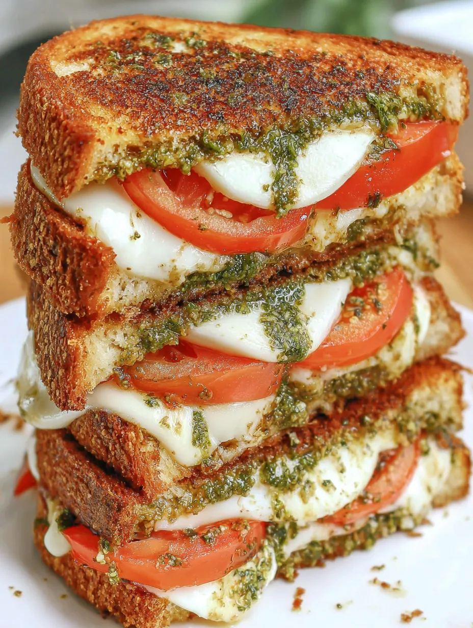 A stack of Caprese grilled cheese sandwiches.