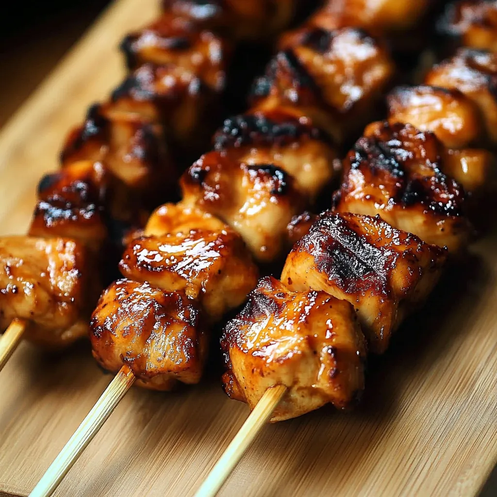 A wooden board with skewers of meat.