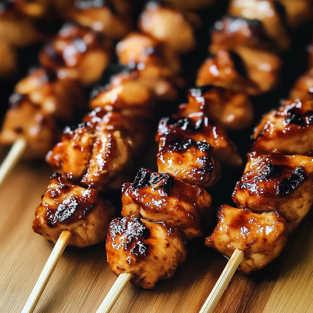 A wooden table with skewers of meat.