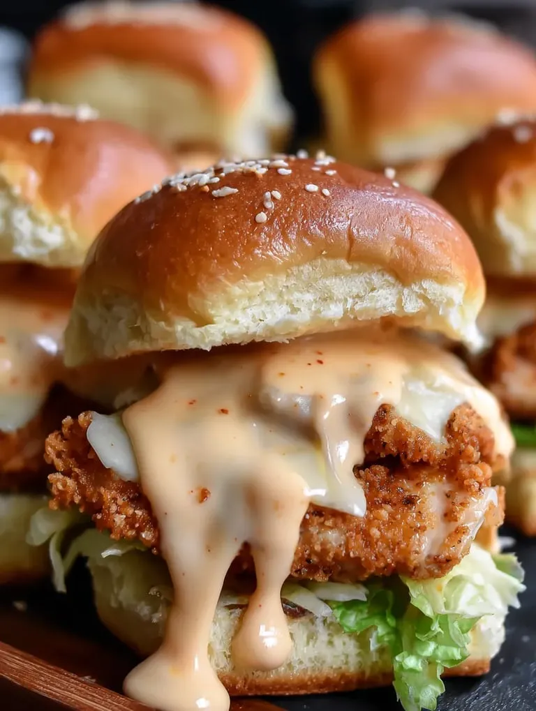 A close up of a bang bang chicken slider.