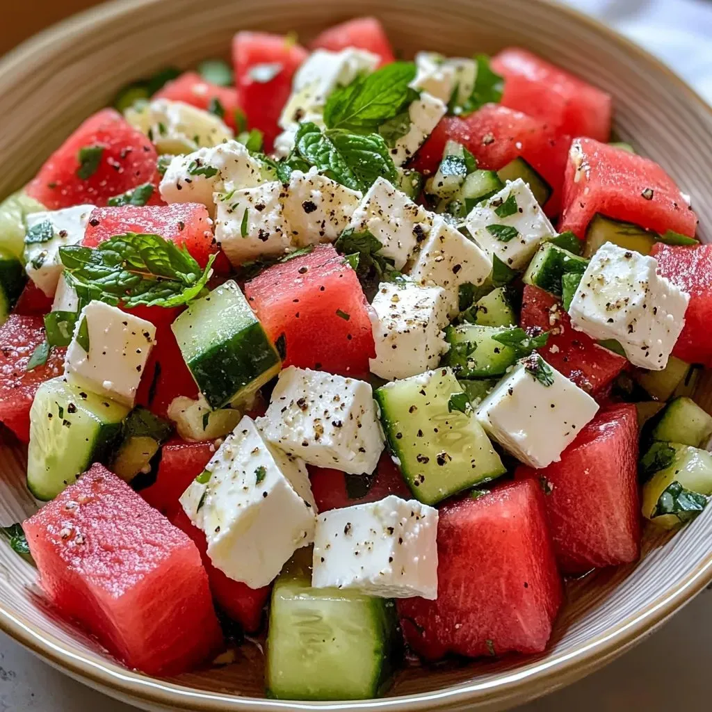 A bowl of watermelon and cucumber salad.