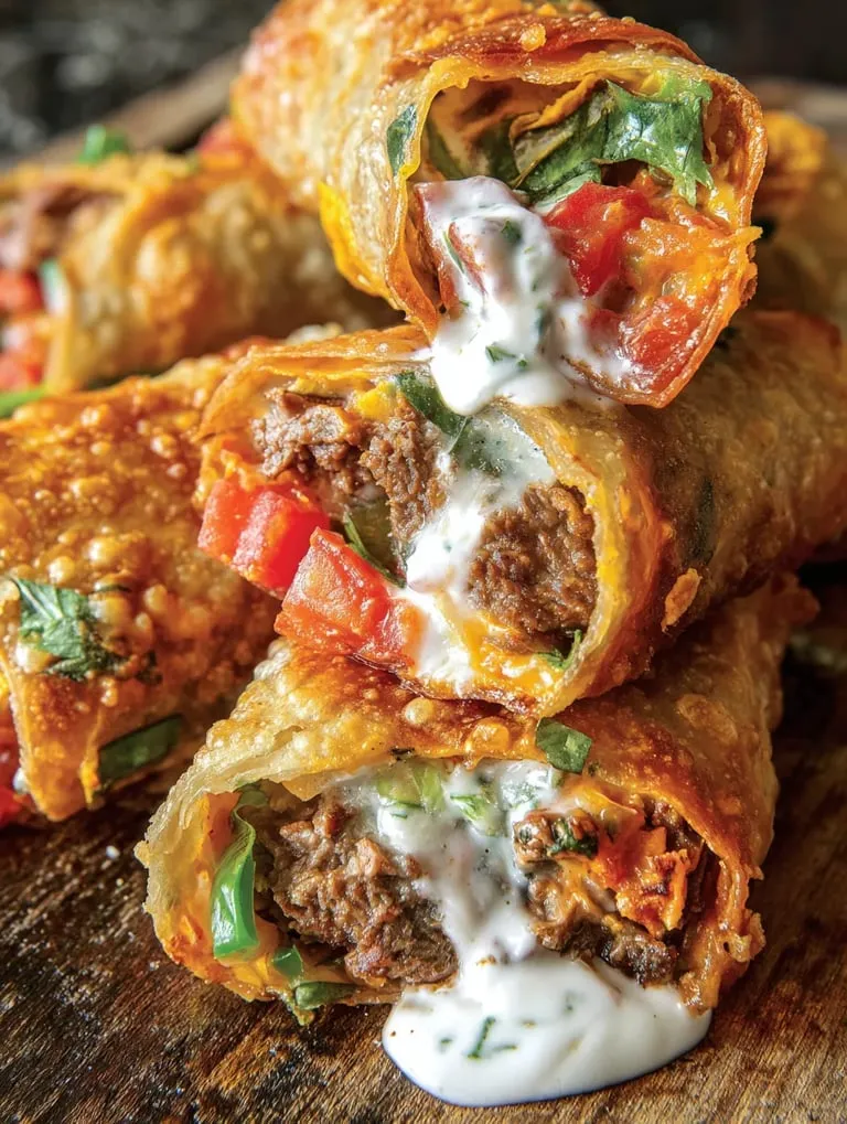 Nacho Egg Rolls with white sauce.