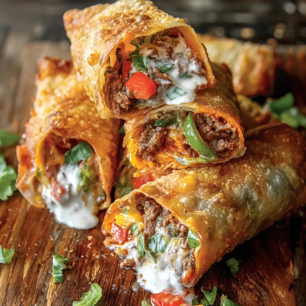 Nacho Egg Rolls on a wooden table.