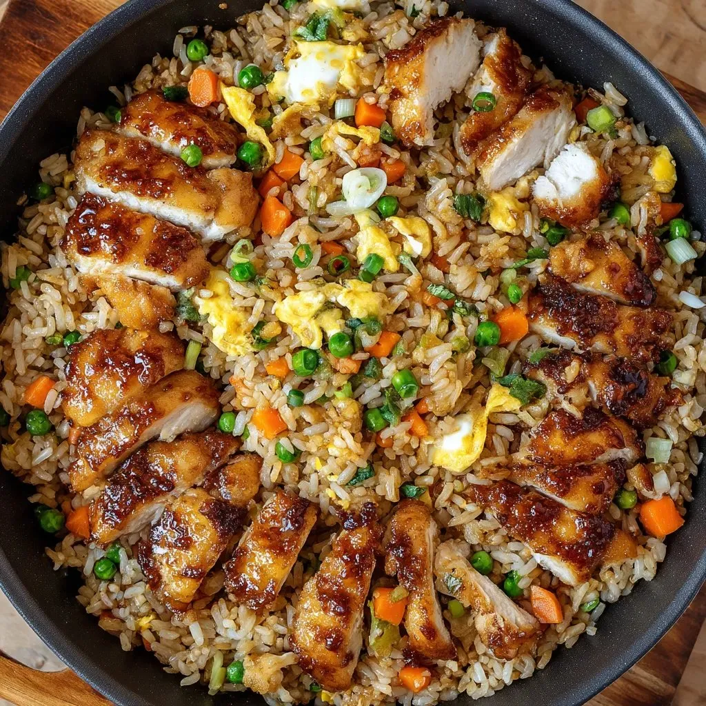 A plate of food with chicken and rice.