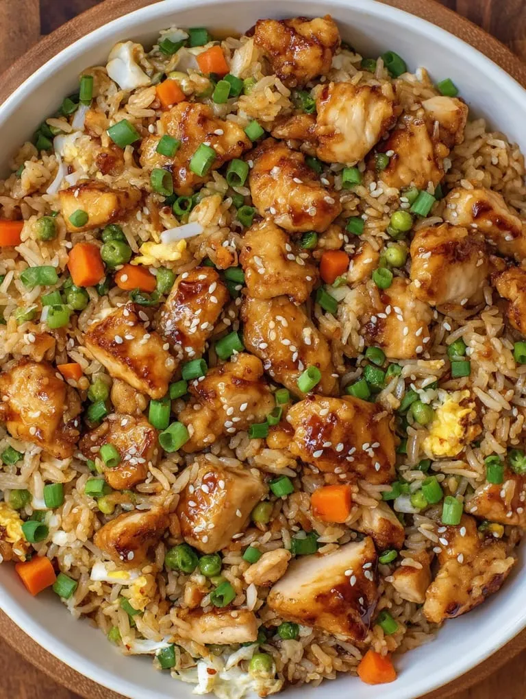 A bowl of bang bang chicken fried rice.