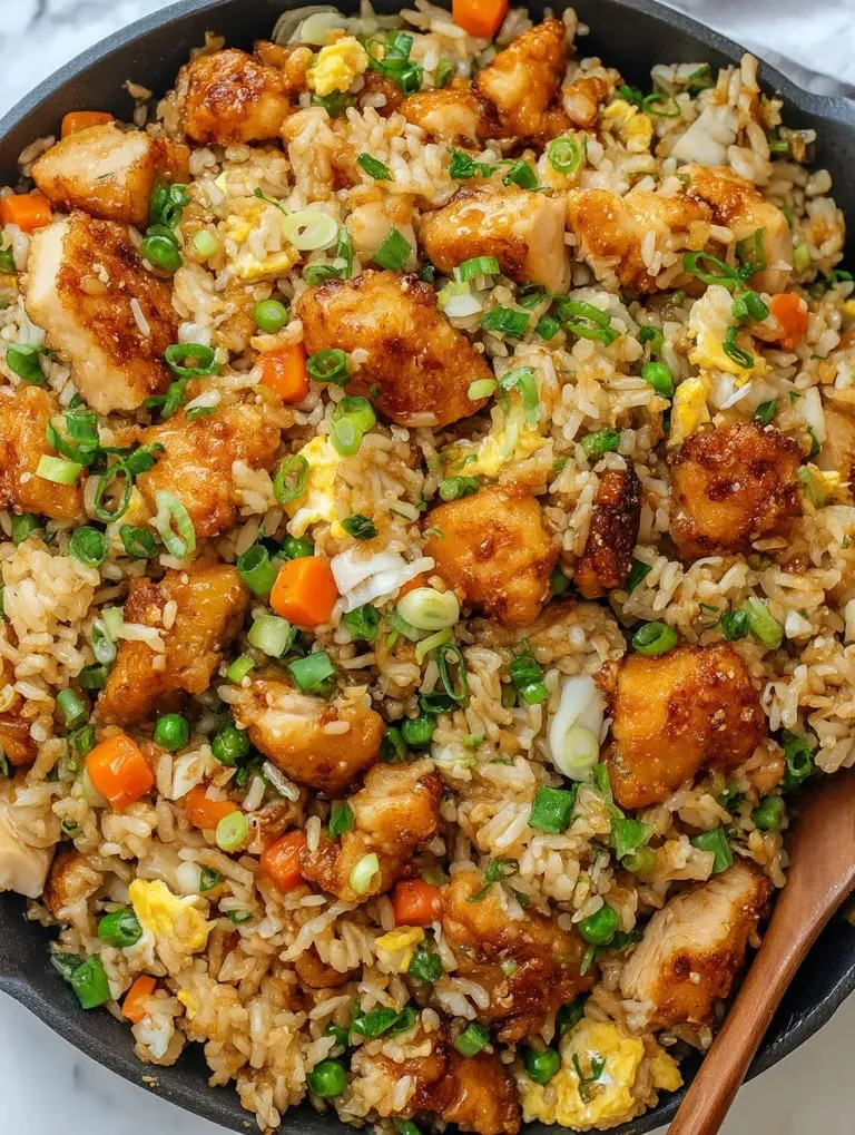 A bowl of rice with chicken and peppers.