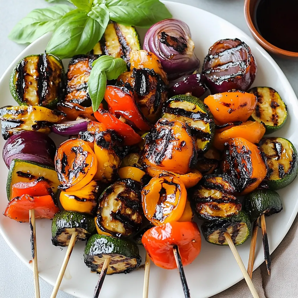 A plate of grilled vegetables with a marinara sauce.