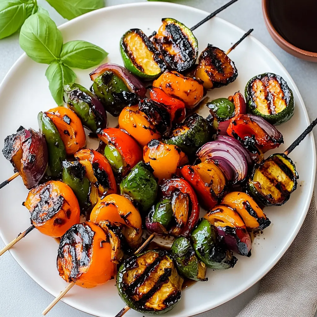 A plate of grilled vegetables with a skewer.