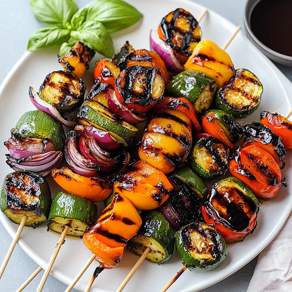 A plate of grilled vegetables with a sauce.