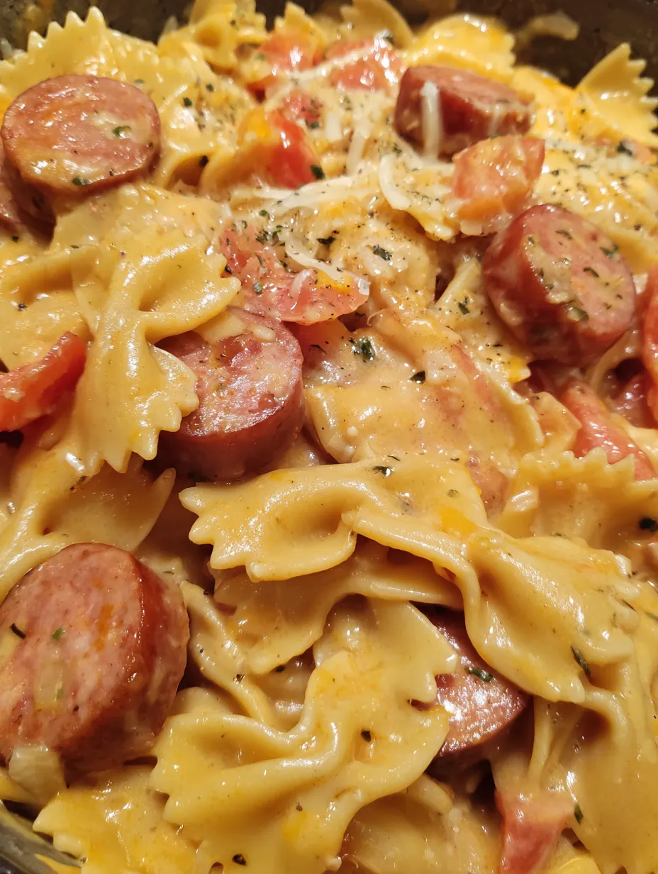 A close up of a delicious one pot smoked sausage pasta.